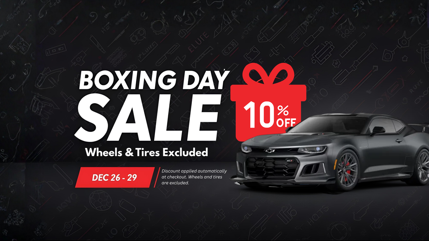 Promotional graphic for Boxing Day sale with car and discount offer on a dark background