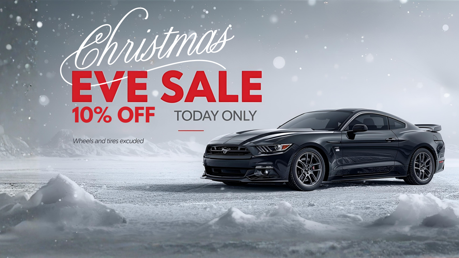 Black car on a snowy landscape with Christmas Eve sale text overlay