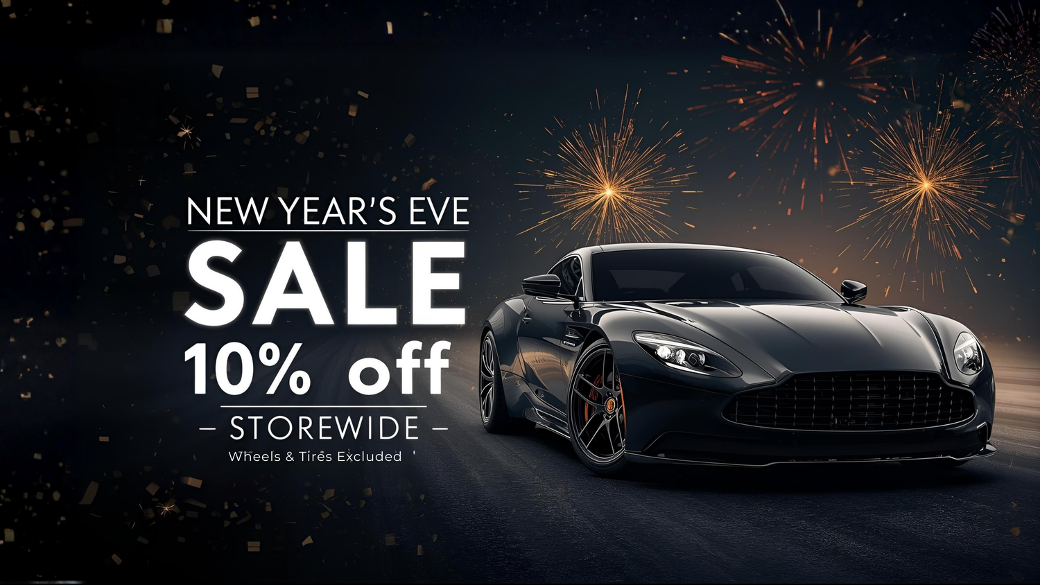 Black sports car with New Year's Eve sale text and fireworks in the background
