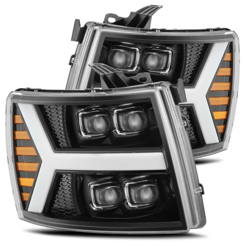AlphaRex 07-13 Chevy 1500HD NOVA LED Proj Headlights Plank Style Gloss Blk w/Activ Light/Seq Signal | Too Fast Autoparts | Order Online