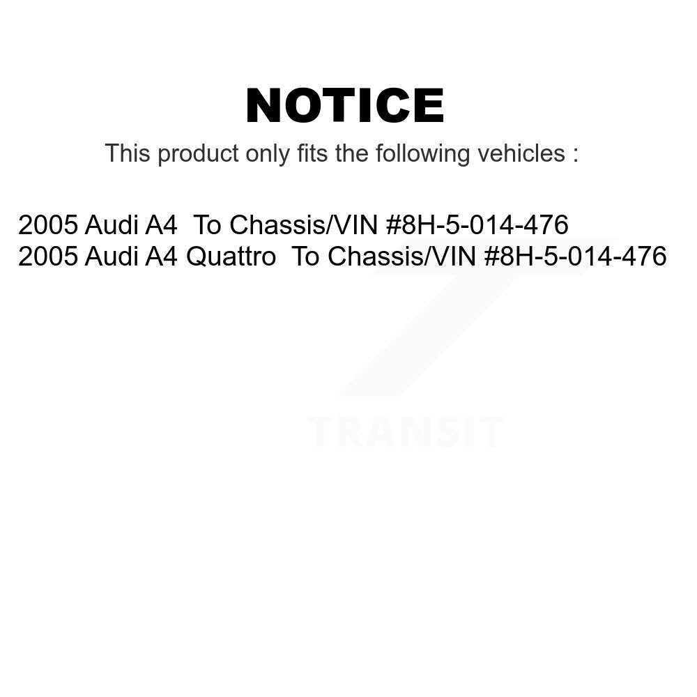 Front Suspension Control Arm And Ball Joint Assembly Steering Tie Rod End Stabilizer Bar Link Kit (8Pc) For 2005-2005 Audi A4 Quattro To Chassis/VIN #8H-5-014-476 KTR-100487