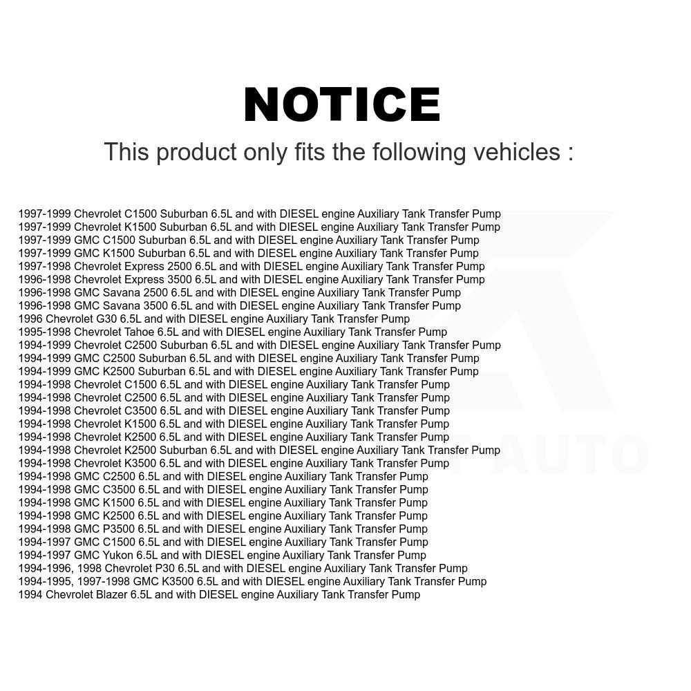Electric Fuel Pump AGY-00210068 For Chevrolet K1500 C1500 GMC K2500 Tahoe Suburban C2500 C3500 K3500 Yukon Express 3500 Blazer 2500 Savana P30 G30 P3500 6.5L with DIESEL engine