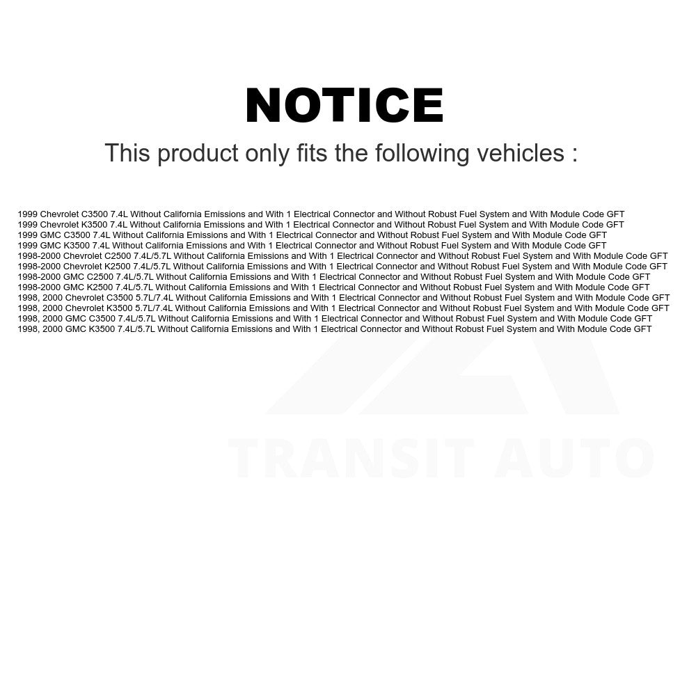 Fuel Pump Module Assembly AGY-00310322 For Chevrolet K2500 C3500 GMC K3500 C2500 Without California Emissions With 1 Electrical Connector Robust System Code GFT