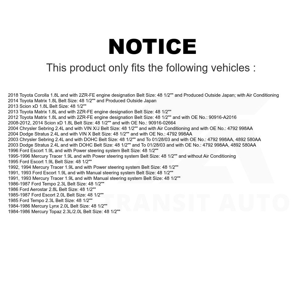 Accessory Drive Belt BAN-6PK1230 For Toyota Corolla Scion xD Chrysler Sebring Dodge Stratus Ford Escort Mercury Tempo Tracer Matrix Topaz Aerostar Lynx