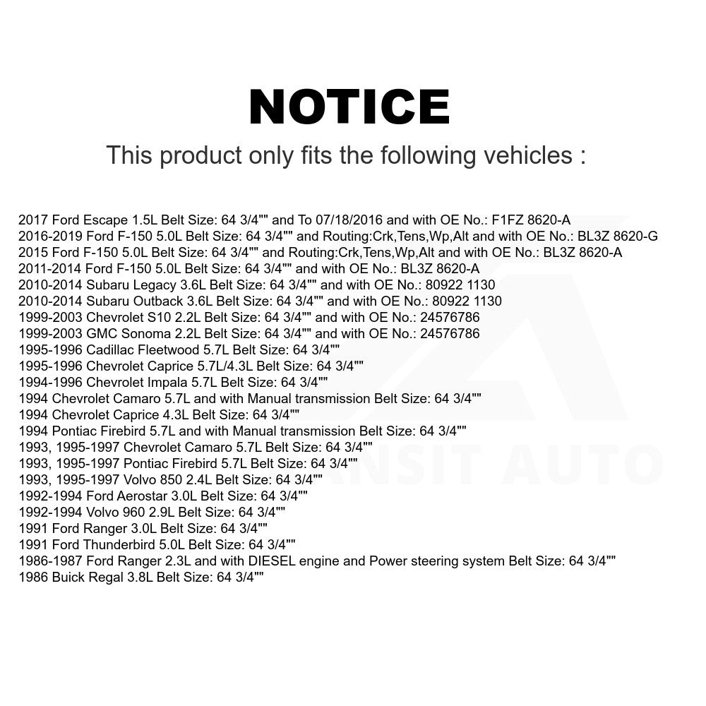 Accessory Drive Belt BAN-6PK1625 For Ford F-150 Subaru Chevrolet Outback S10 Escape Legacy GMC Sonoma Camaro Ranger Caprice Pontiac Firebird Volvo 850 Impala Aerostar Cadillac Fleetwood Buick Regal