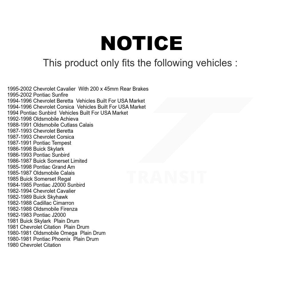 Rear Brake Drums Pair For Chevrolet Cavalier Pontiac Sunfire Grand Am Corsica Buick Skylark Oldsmobile Beretta Sunbird Achieva Cutlass Calais Skyhawk Citation J2000 Firenza Cadillac Cimarron Somerset Omega Phoenix Regal Tempest K8-101937