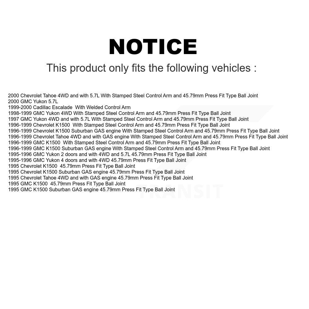 Front Suspension Ball Joints Kit For Chevrolet K1500 Tahoe GMC Suburban Yukon Cadillac Escalade KTR-101787