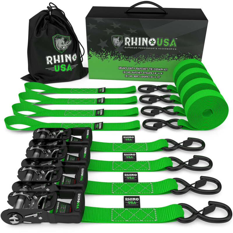 Rhino USA Heavy Duty Ratchet Tie-Down 4-Pack (Green) 1.6In X 8Ft