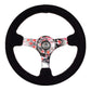 NRG Reinforced Steering Wheel (350mm) 3in Deep Pink Sakura Floral Solid Spoke - Black Suede/Stitch