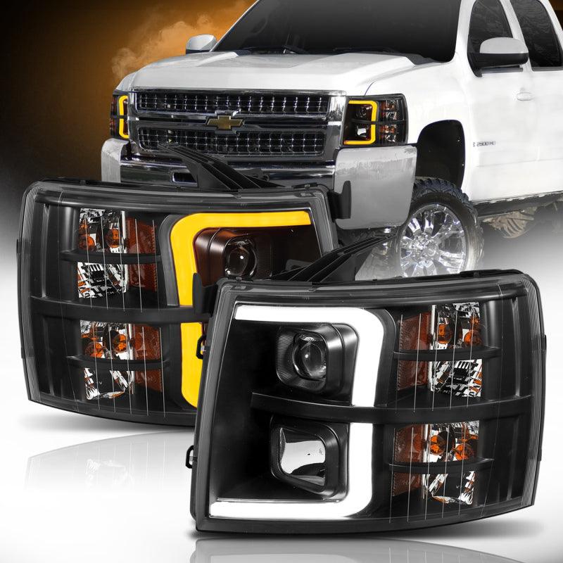 ANZO 07-13 Chevrolet Silverado 1500 Plank Style Projector Headlights Black w/ Amber | Too Fast Autoparts | Order Online