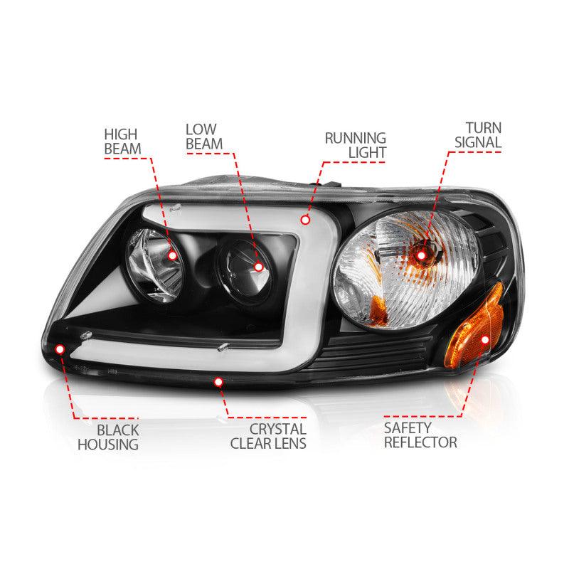 ANZO 1997-2003 Ford F-150 Projector Headlights w/ Light Bar Black Housing | Too Fast Autoparts | Order Online | Canada & USA Shipping