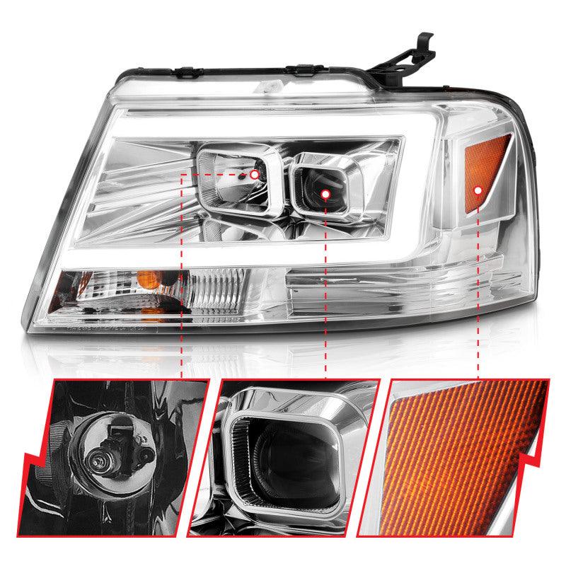 ANZO 2004-2008 Ford  F-150 Projector Headlights w/ Light Bar Chrome Housing | Too Fast Autoparts | Order Online | Canada & USA Shipping