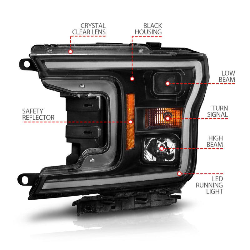 ANZO 2018-2020 Ford F-150 Projector Headlight w/ Plank Style Switchback Black Housing | Too Fast Autoparts | Order Online | Canada & USA Shipping