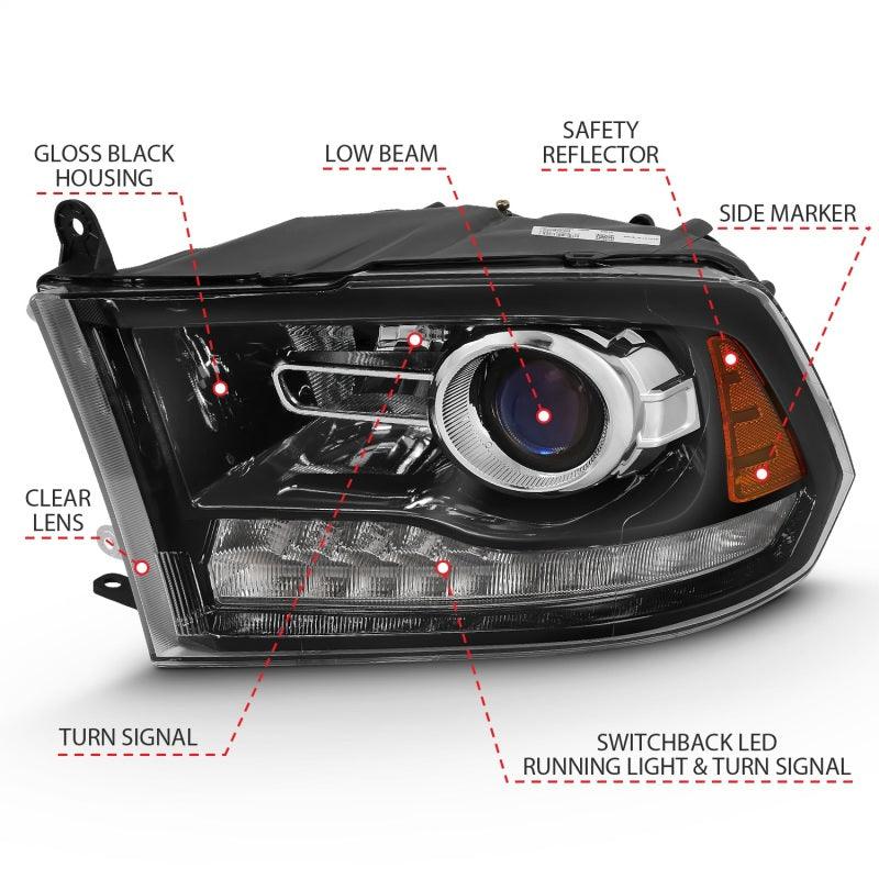 ANZO 2009-2018 Dodge Ram 1500 Projector Plank Style Switchback H.L Halo Black Amber (OE Style) | Too Fast Autoparts | Order Online | Canada & USA Shipping