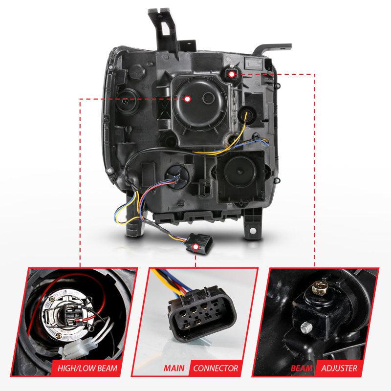 ANZO 2014-2015 GMC Sierra 1500 Projector Headlights w/ Light Bar Black Housing (Halogen Type) | Too Fast Autoparts | Order Online | Canada & USA Shipping