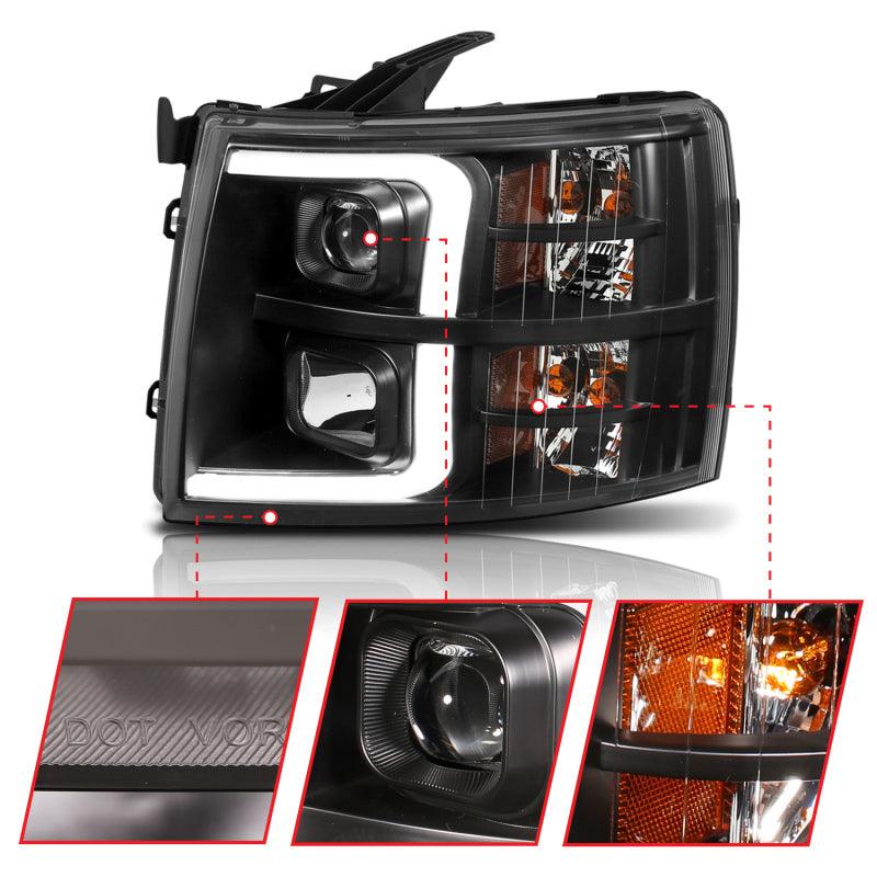 ANZO 07-13 Chevrolet Silverado 1500 Plank Style Projector Headlights Black w/ Amber | Too Fast Autoparts | Order Online