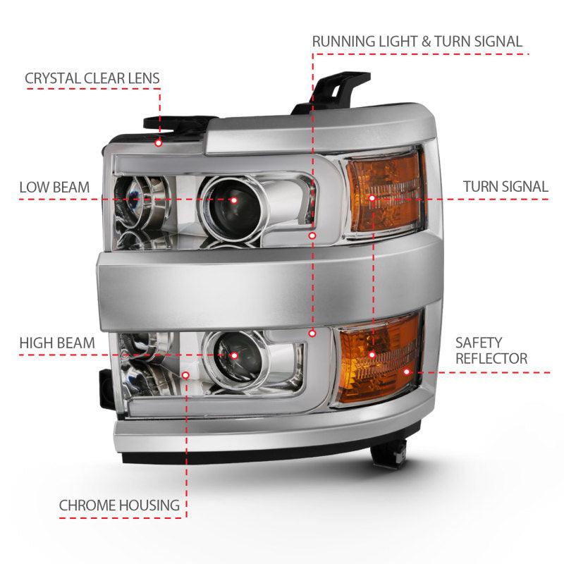 ANZO 2015-2016 Chevrolet Silverado Projector Headlights w/ Plank Style Design Chrome w/ Amber | Too Fast Autoparts | Order Online | Canada & USA Shipping