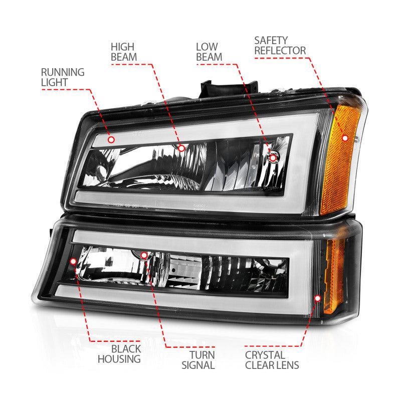 ANZO 2003-2006 Chevrolet Silverado 1500 Crystal Headlights w/ Light Bar Black Housing | Too Fast Autoparts | Order Online | Canada & USA Shipping