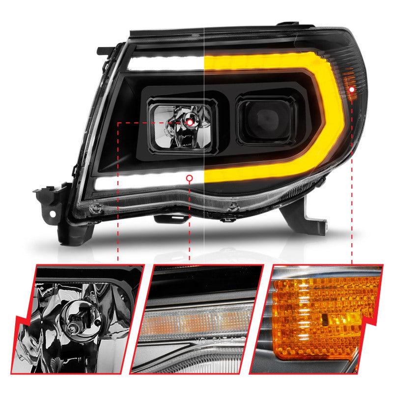 ANZO 05-11 Toyota Tacoma Projector Headlights w/Light Bar Switchback Black Housing | Too Fast Autoparts | Order Online