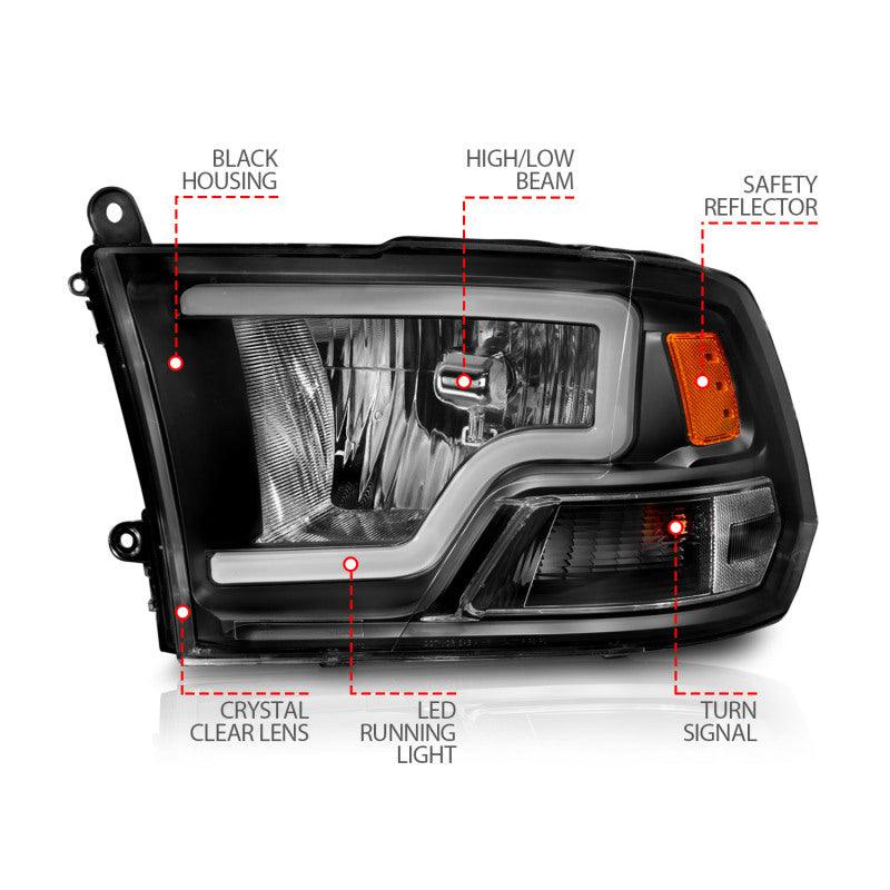 ANZO 2009-2018 Dodge Ram 1500 Crystal Headlights w/ Light Bar Black Housing | Too Fast Autoparts | Order Online | Canada & USA Shipping