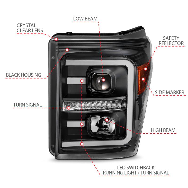 ANZO 2011-2016 Ford F250 Projector Headlights w/ Plank Style Switchback Black w/ Amber | Too Fast Autoparts | Order Online | Canada & USA Shipping