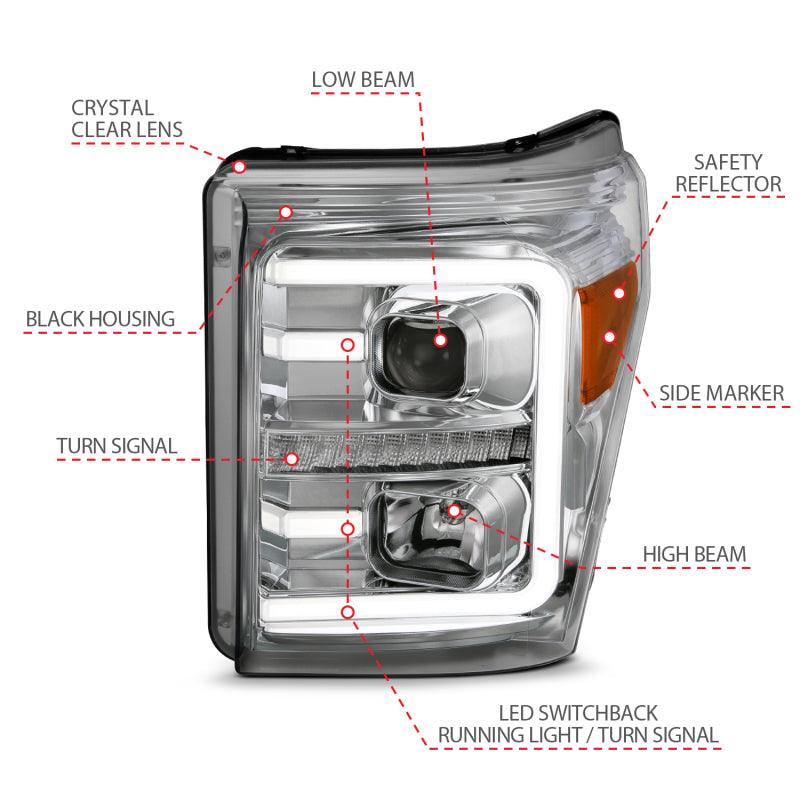 ANZO 11-16 Ford F-250/F-350/F-450 Projector Headlights w/ Plank Style Switchback Chrome w/Amber | Too Fast Autoparts | Order Online