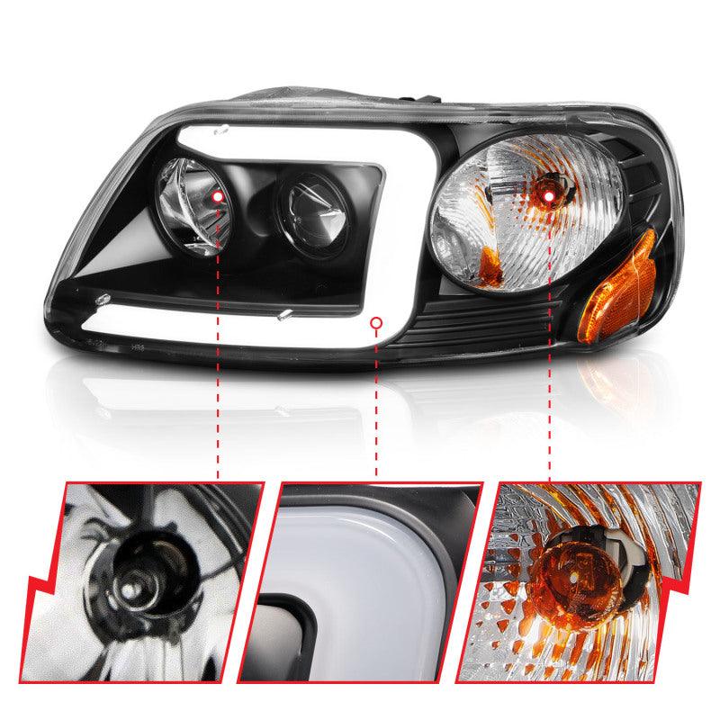 ANZO 1997-2003 Ford F-150 Projector Headlights w/ Light Bar Black Housing | Too Fast Autoparts | Order Online | Canada & USA Shipping