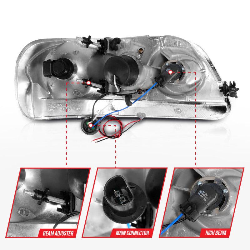 ANZO 1997-2003 Ford F-150 Projector Headlights w/ Light Bar Black Housing | Too Fast Autoparts | Order Online | Canada & USA Shipping