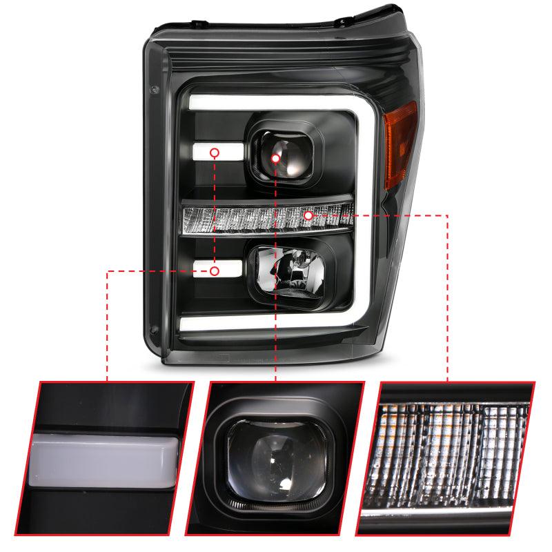 ANZO 2011-2016 Ford F250 Projector Headlights w/ Plank Style Switchback Black w/ Amber | Too Fast Autoparts | Order Online | Canada & USA Shipping