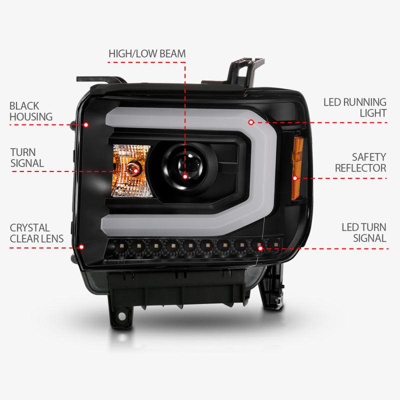 ANZO 2014-2015 GMC Sierra 1500 Projector Headlights w/ Light Bar Black Housing (Halogen Type) | Too Fast Autoparts | Order Online | Canada & USA Shipping