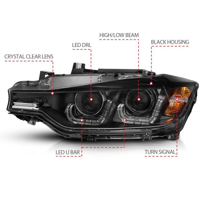 ANZO 2012-2015 BMW 3 Series Projector Headlights w/ U-Bar Black | Too Fast Autoparts | Order Online | Canada & USA Shipping
