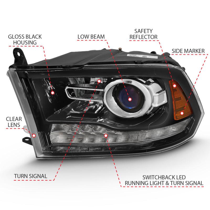 ANZO 2009-2018 Dodge Ram 1500 Projector Plank Style Switchback H.L Halo Black Amber (OE Style) | Too Fast Autoparts | Order Online | Canada & USA Shipping