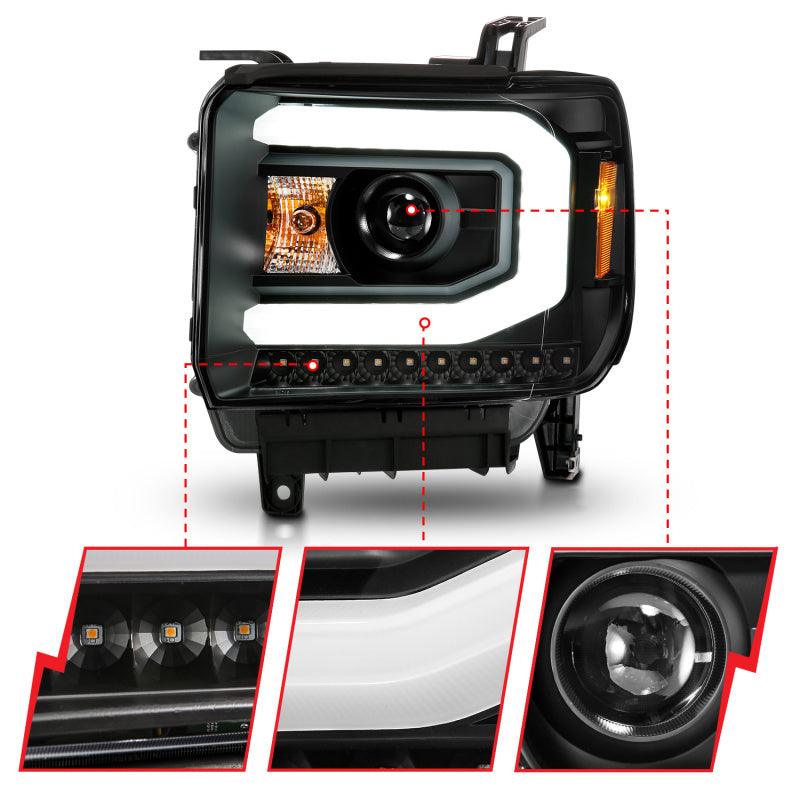 ANZO 2014-2015 GMC Sierra 1500 Projector Headlights w/ Light Bar Black Housing (Halogen Type) | Too Fast Autoparts | Order Online | Canada & USA Shipping