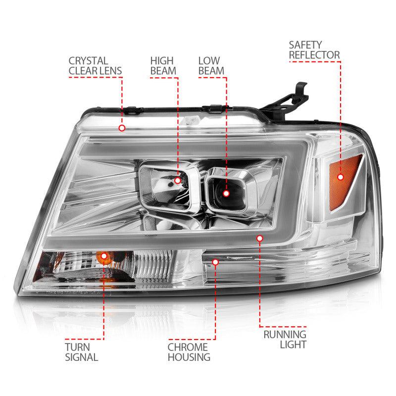 ANZO 2004-2008 Ford F-150 Projector Headlights w/ Light Bar Chrome Housing