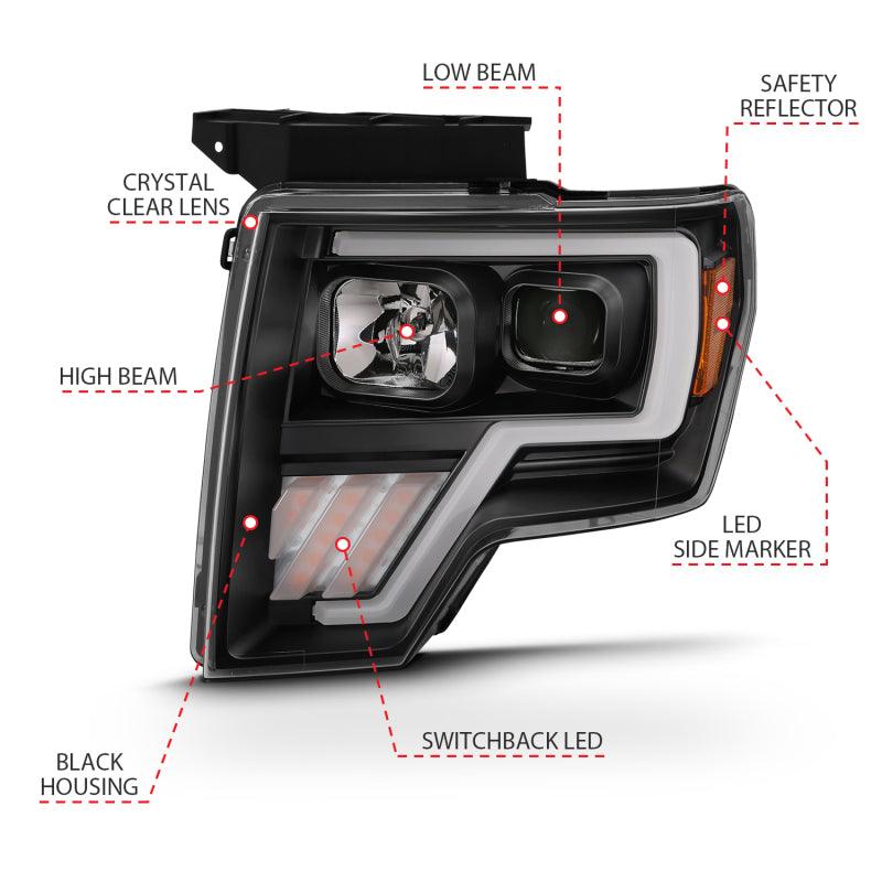 ANZO 2009-2013 Ford F-150 Projector Light Bar G4 Switchback Headlights Black Amber