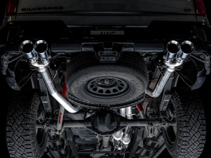AWE Tuning 4th Gen GM 1500 6.2L 0FG Cat-Back Split Rear Exit (w/ Bumper Cutouts) - Quad Chrome Tips