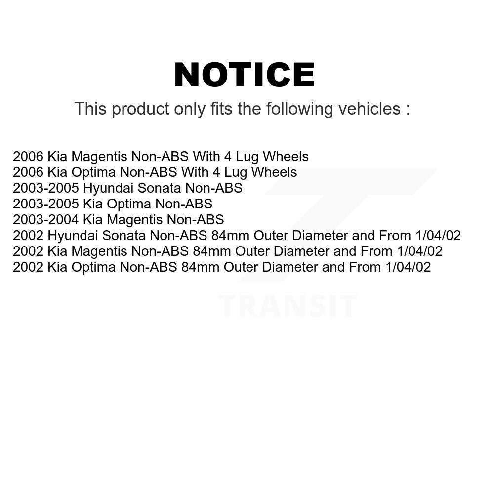 Front Rear Wheel Bearing And Hub Assembly Kit For Hyundai Sonata Kia Optima Magentis Non-ABS K70-101552