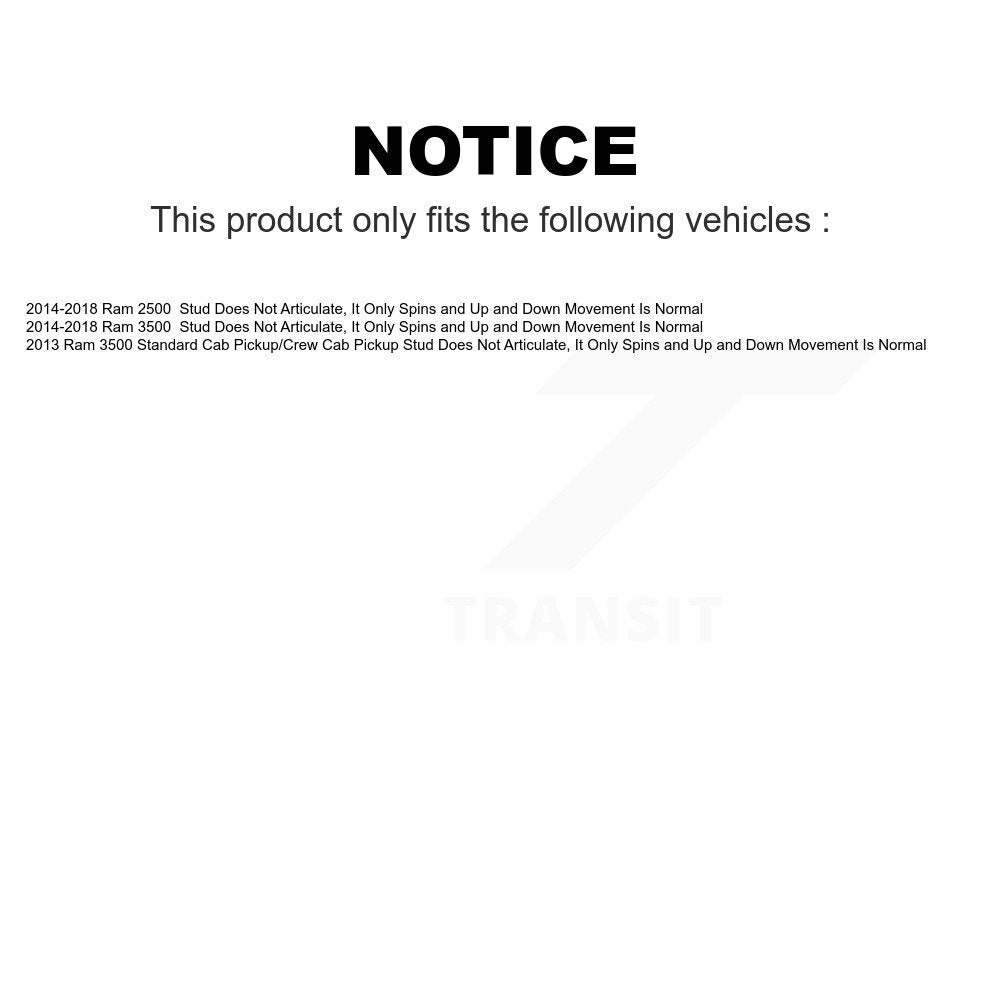 Front Suspension Ball Joints Kit For Ram 2500 3500 Stud Does Not Articulate It Only Spins Up Down Movement Is Normal KTR-101810