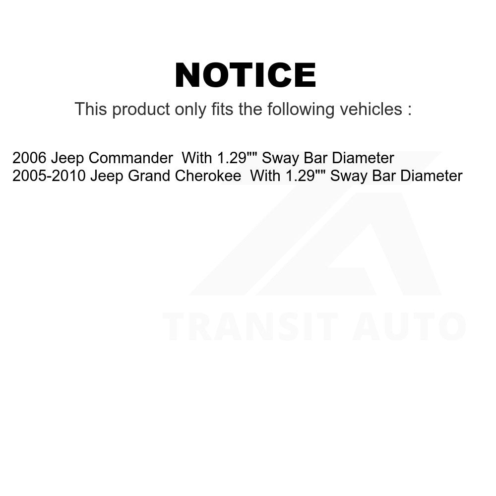 Front To Frame Suspension Stabilizer Bar Bushing Kit TOR-K200159 For Jeep Grand Cherokee Commander With 1.29" Sway Diameter