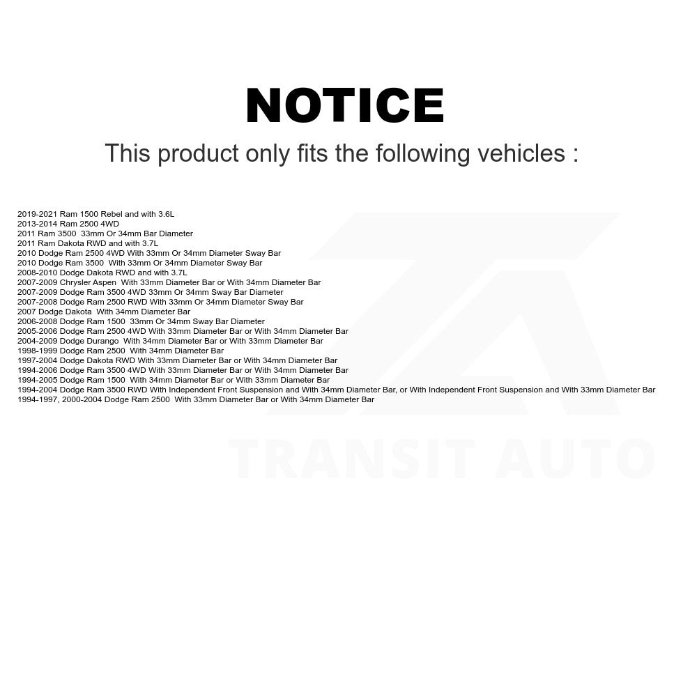 Front To Frame Suspension Stabilizer Bar Bushing Kit TOR-K7383 For Dodge Ram 1500 2500 Dakota 3500 Durango Chrysler Aspen