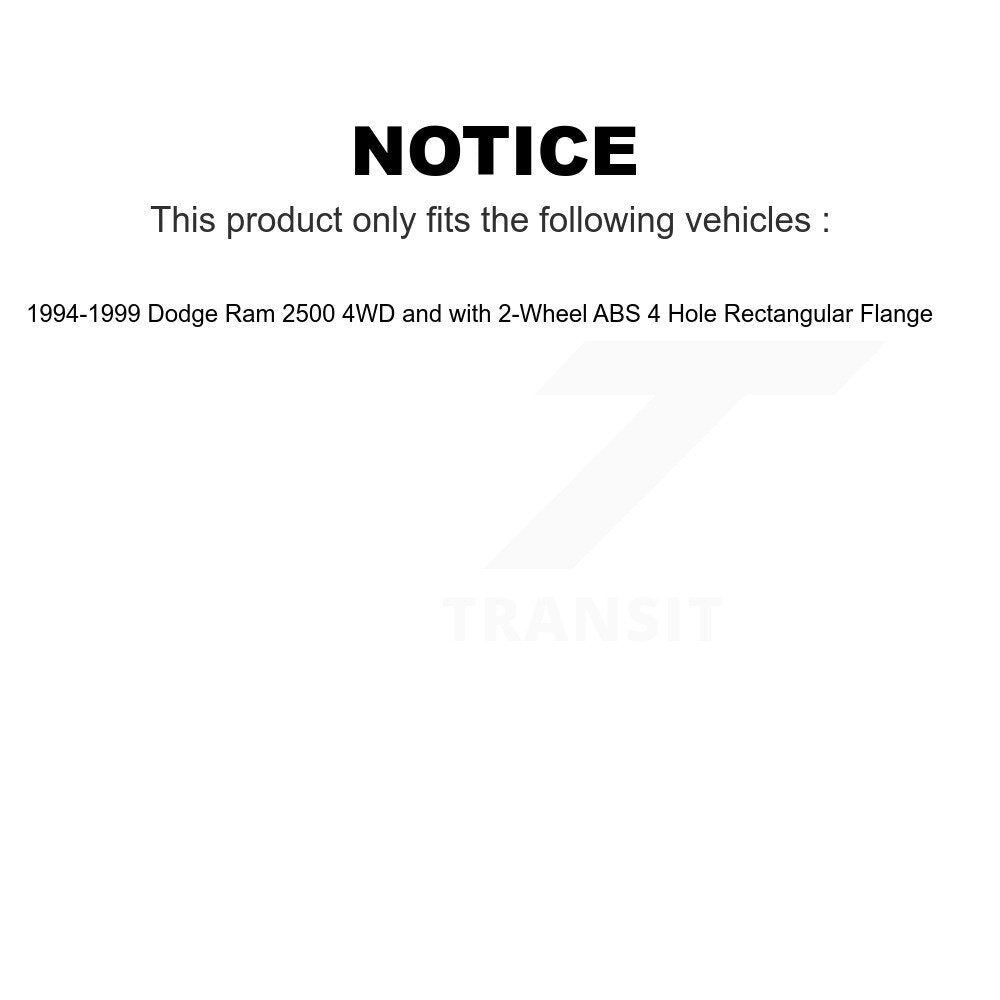 Front Wheel Bearing And Hub Assembly Pair For 1994-1999 Dodge Ram 2500 4WD with 2-Wheel ABS 4 Hole Rectangular Flange K70-100376