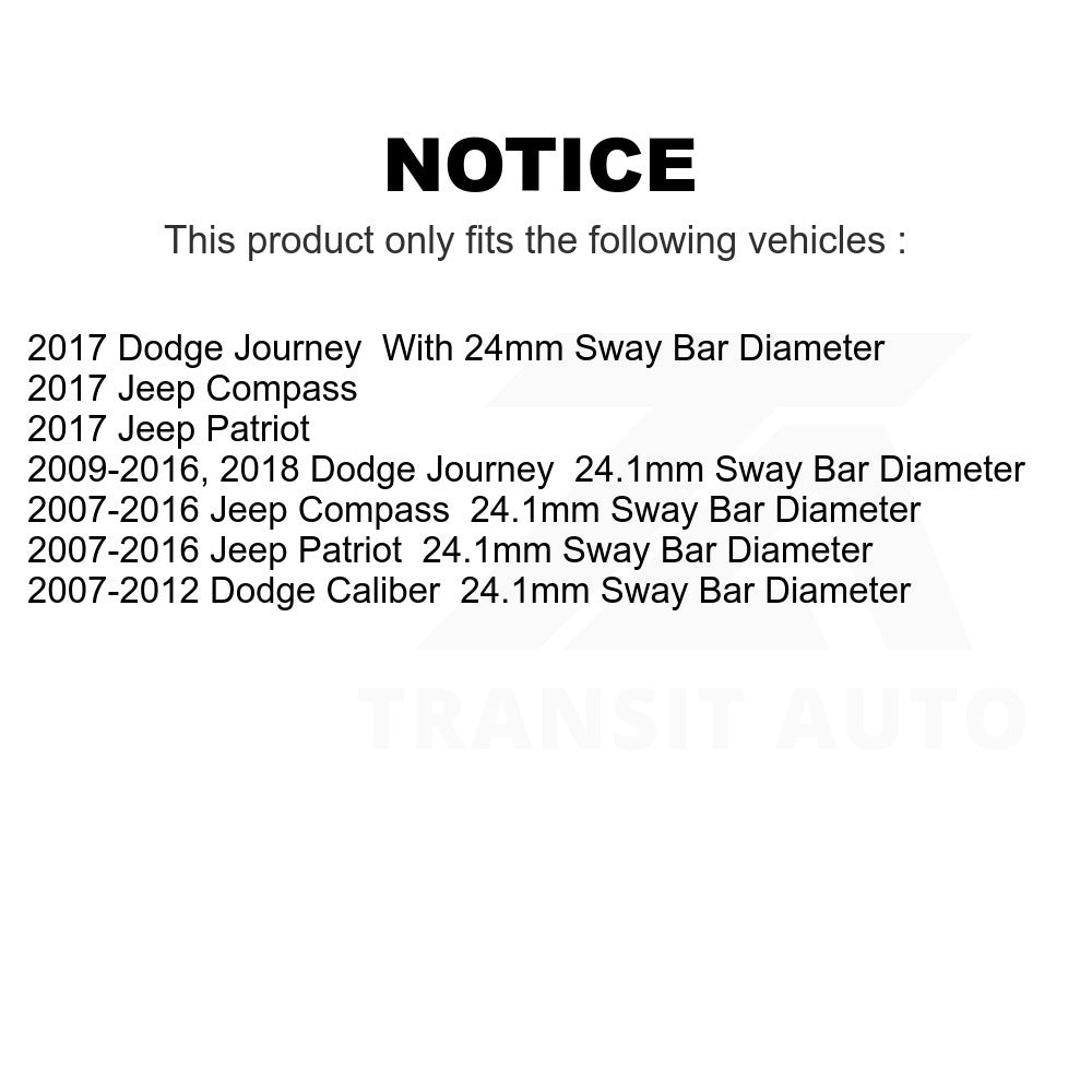 To Frame Suspension Stabilizer Bar Bushing Kit TOR-K200216 For Jeep Dodge Journey Patriot Compass Caliber
