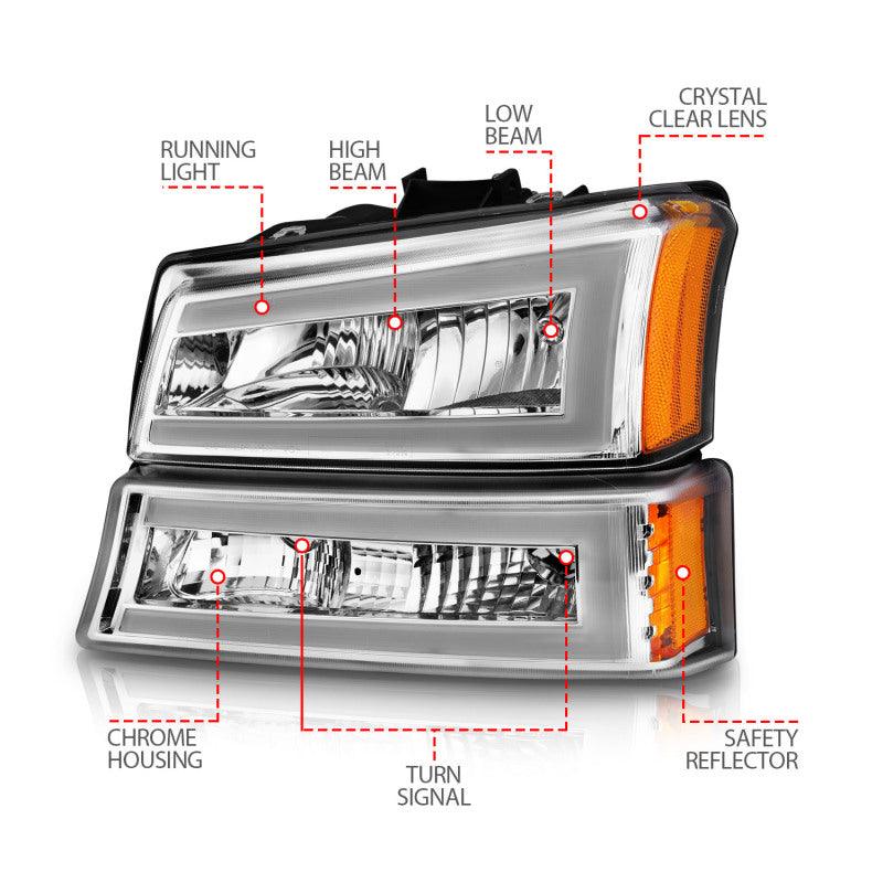 ANZO 2003-2006 Chevrolet Silverado 1500 Crystal Headlights w/ Light Bar Chrome Housing | Too Fast Autoparts | Order Online | Canada & USA Shipping