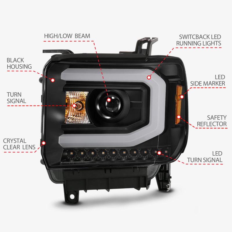 ANZO GMC SIERRA 1500 14-15 2500H/15-19 Projector Headlight Plank Style Black w/ Switchback (Halogen) | Too Fast Autoparts | Order Online | Canada & USA Shipping