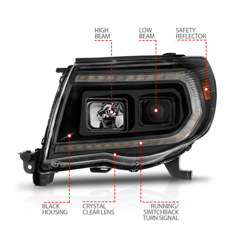ANZO 05-11 Toyota Tacoma Projector Headlights w/Light Bar Switchback Black Housing | Too Fast Autoparts | Order Online