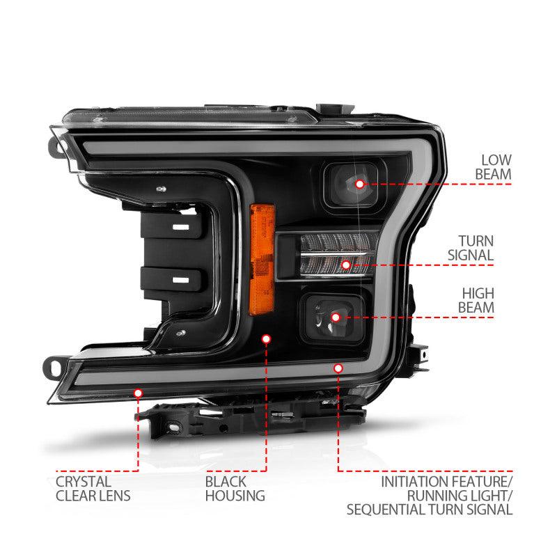 ANZO 18-20 Ford F-150 (w/o Fctry LED) Full LED Proj Headlights w/Light Bar Swtchbk Seq. Black w/Init | Too Fast Autoparts | Order Online