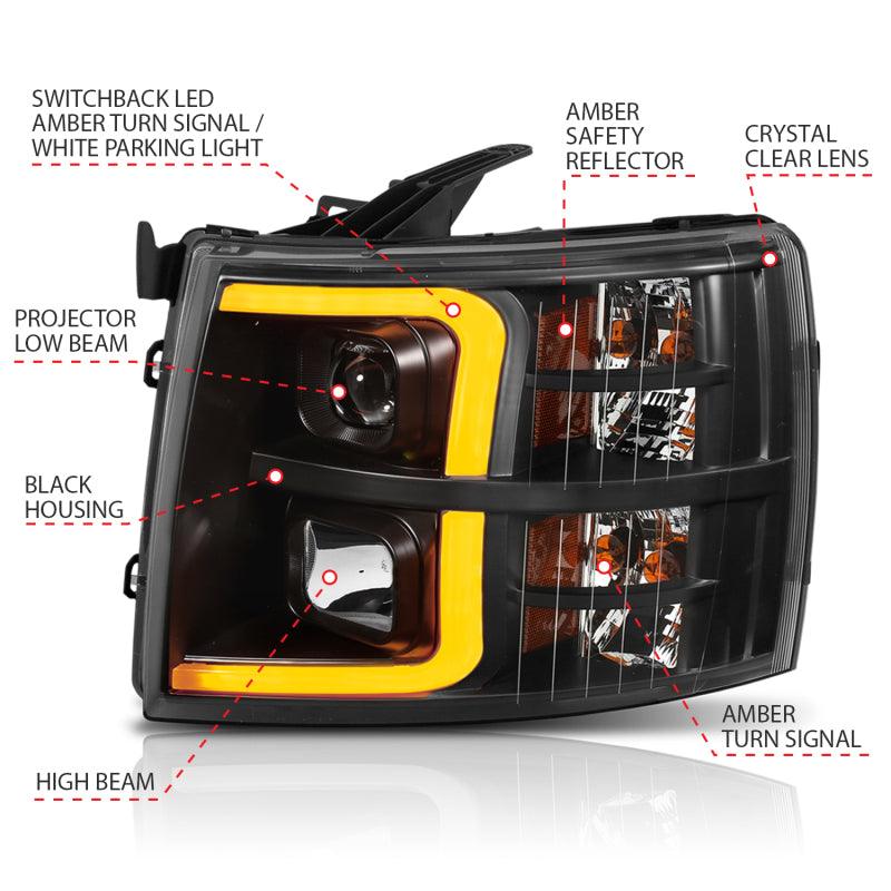 ANZO 07-13 Chevrolet Silverado 1500 Plank Style Projector Headlights Black w/ Amber | Too Fast Autoparts | Order Online