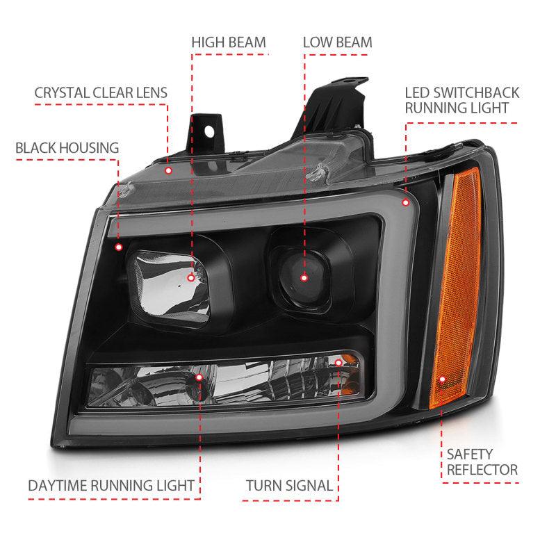 ANZO 07-14 Chevy Tahoe Projector Headlights w/ Plank Style Design Black w/ Amber | Too Fast Autoparts | Order Online