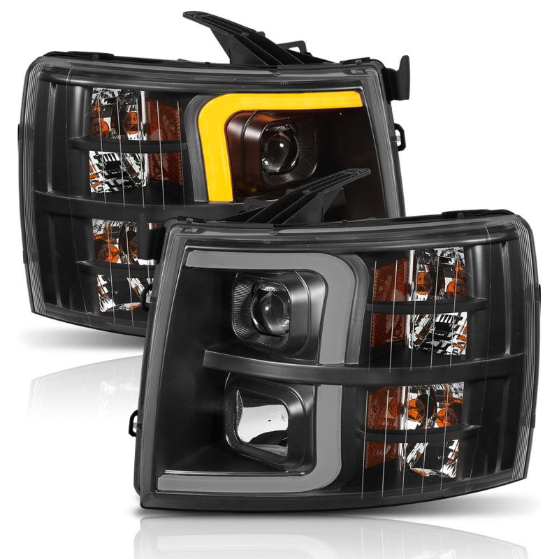 ANZO 07-13 Chevrolet Silverado 1500 Plank Style Projector Headlights Black w/ Amber | Too Fast Autoparts | Order Online