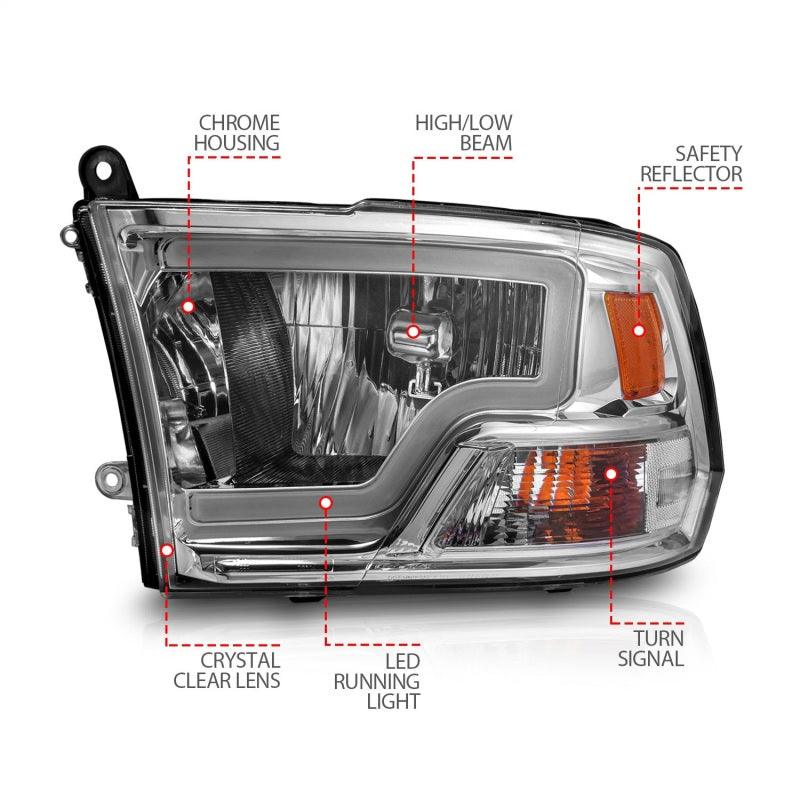 ANZO 2009-2018 Dodge Ram 1500/ 2500/ 3500 Crystal Headlights w/ Light Bar Chrome Housing | Too Fast Autoparts | Order Online | Canada & USA Shipping